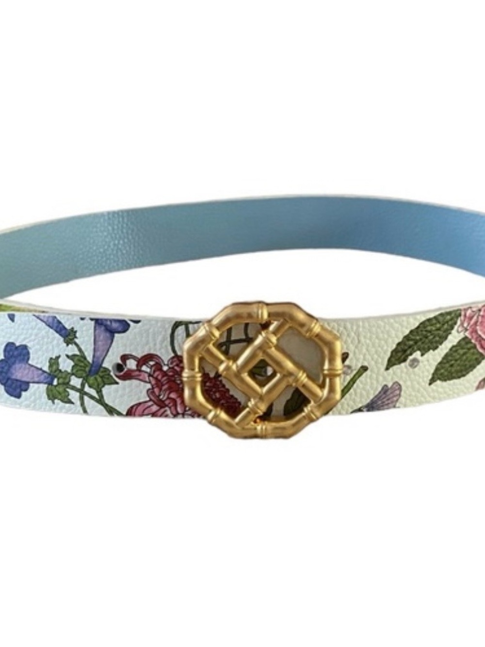 J. McLaughlin Floral Printed Leather Belt with Gold Bamboo-Style Buckle - Blue S